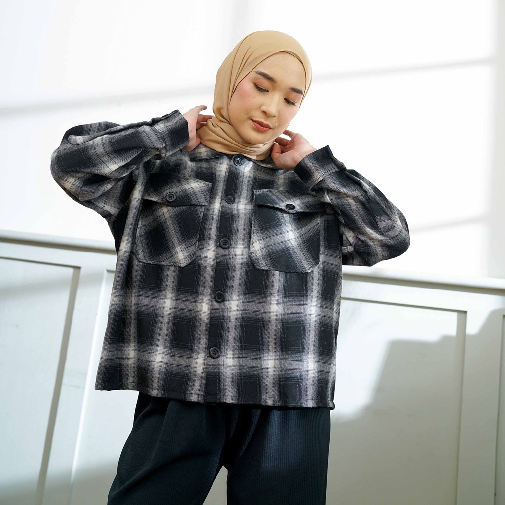 Youra Flanel Shirt Baju Kameja lengan panjang Top Hijab Korean Casual Baju Panjang motif wanita