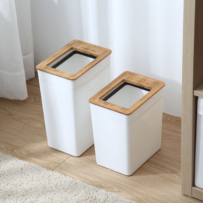 2pcs Tempat Sampah Putih Minimalis dengan Tutup Kayu Trash Bin - Tempat Sampah Aesthetic Estetik White Wooden