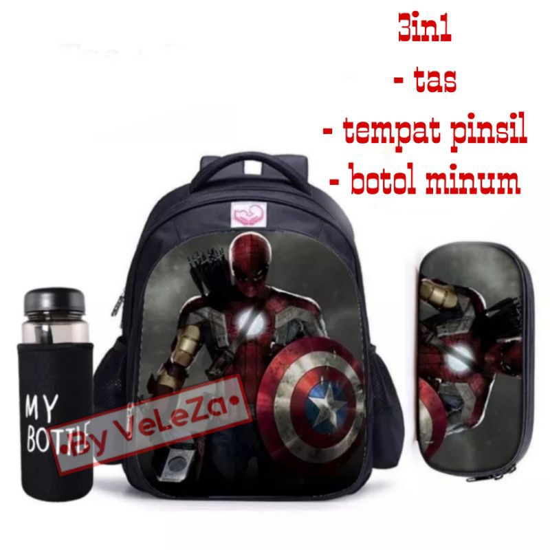 Tas ransel anak laki-laki superhero 3in1 - tas + tempat pinsil + botol minum - tas anak