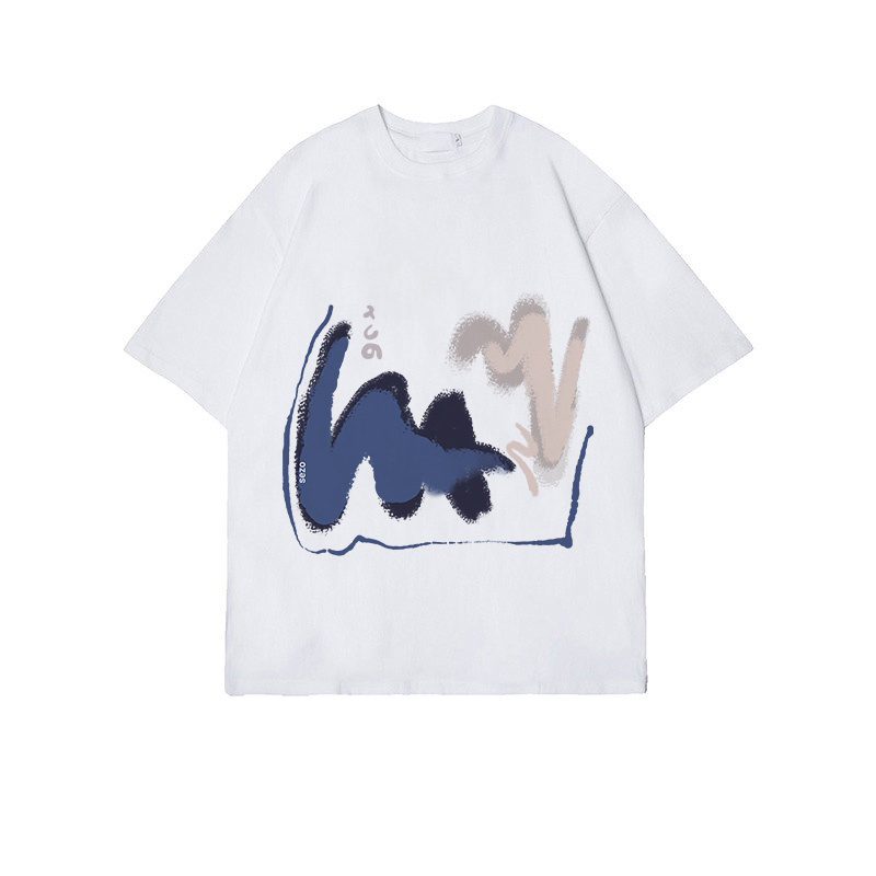 kaos wanita korean style/baju oversize blue brush motif graffiti kaos cream kekinian kaos basic