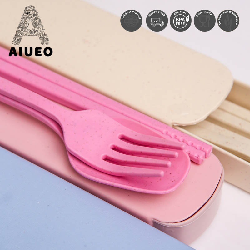 AIUEO Set 3 Pcs Alat Makan Sendok Garpu Sumpit / Spoon Fork Chopsticks Wheatstraw