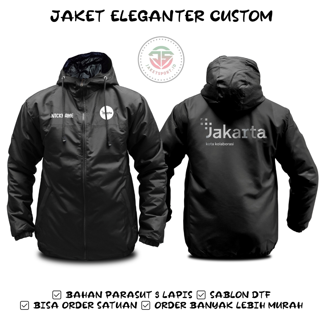 Jaket Pria Parasut Jakarta Kota Kolaborasi / Jaket Jaki Jaya Raya Jakarta / Jaket Custom Sablon DTF