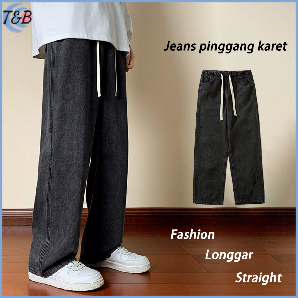 Celana jeans pria Jeans pinggang karet korean style loose pants kulot pria celana panjang cowok Abu-abu hitam oversize Tali Serut celana jeans cowok straight pants Nyaman Santai denim