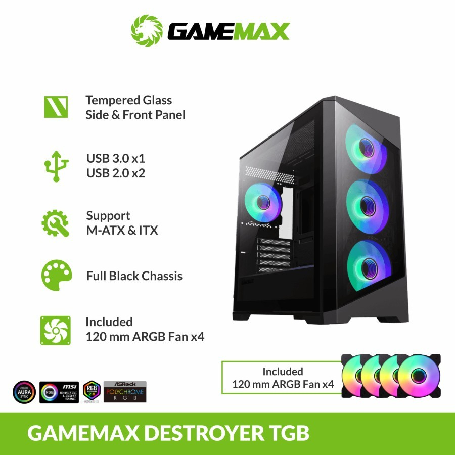 Casing Komputer Gamemax Destroyer Black Free 4Fan RGB Tempered Glass M-ATX