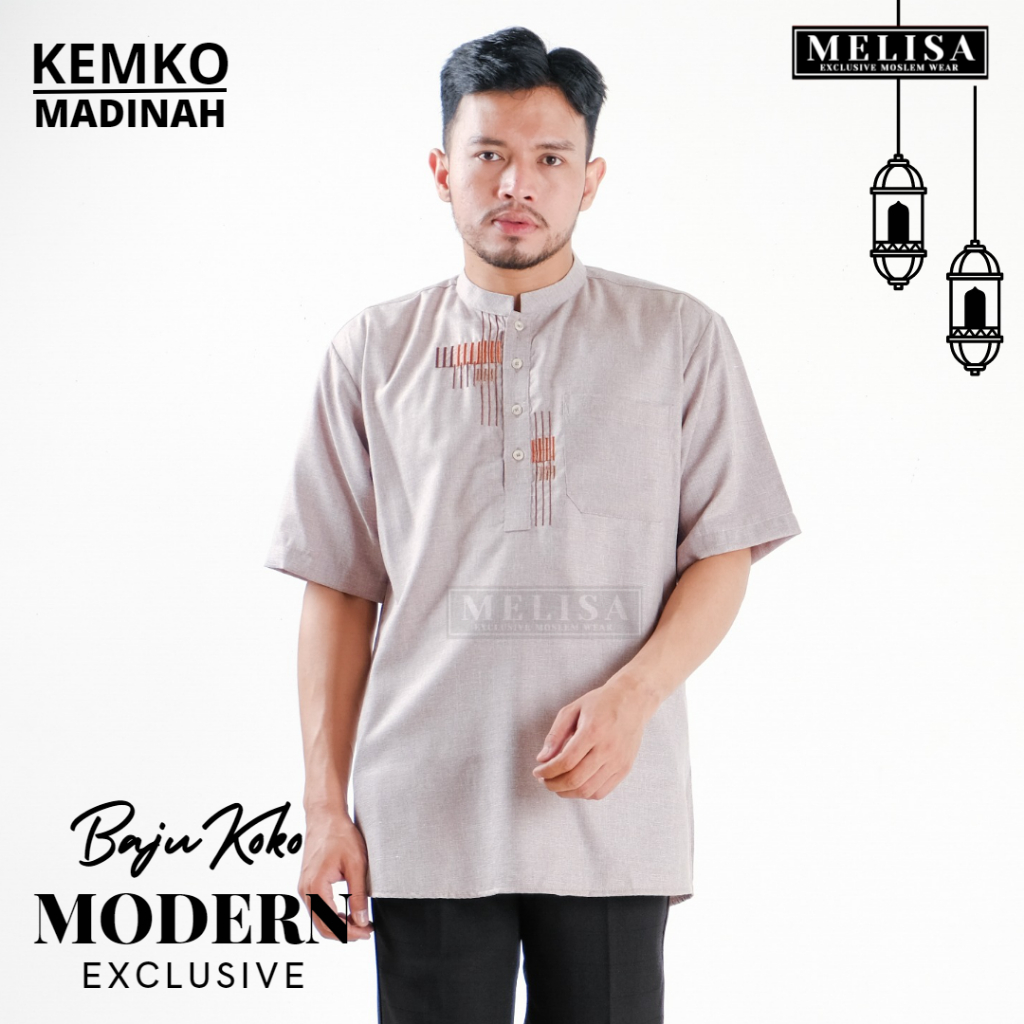 Baju Koko Pria Kemko Lengan Pendek Bahan Katun Madinah Size M L XL Motip Bordir Warna Coksu-B04