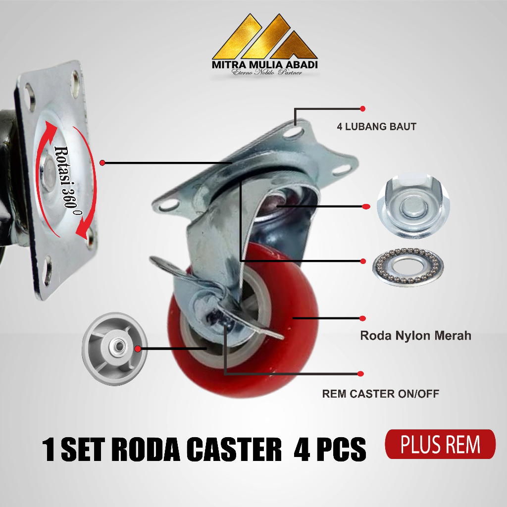 Roda Caster / Roda Merah Nylon / Roda Etalase + Rem 50mm (2inch)