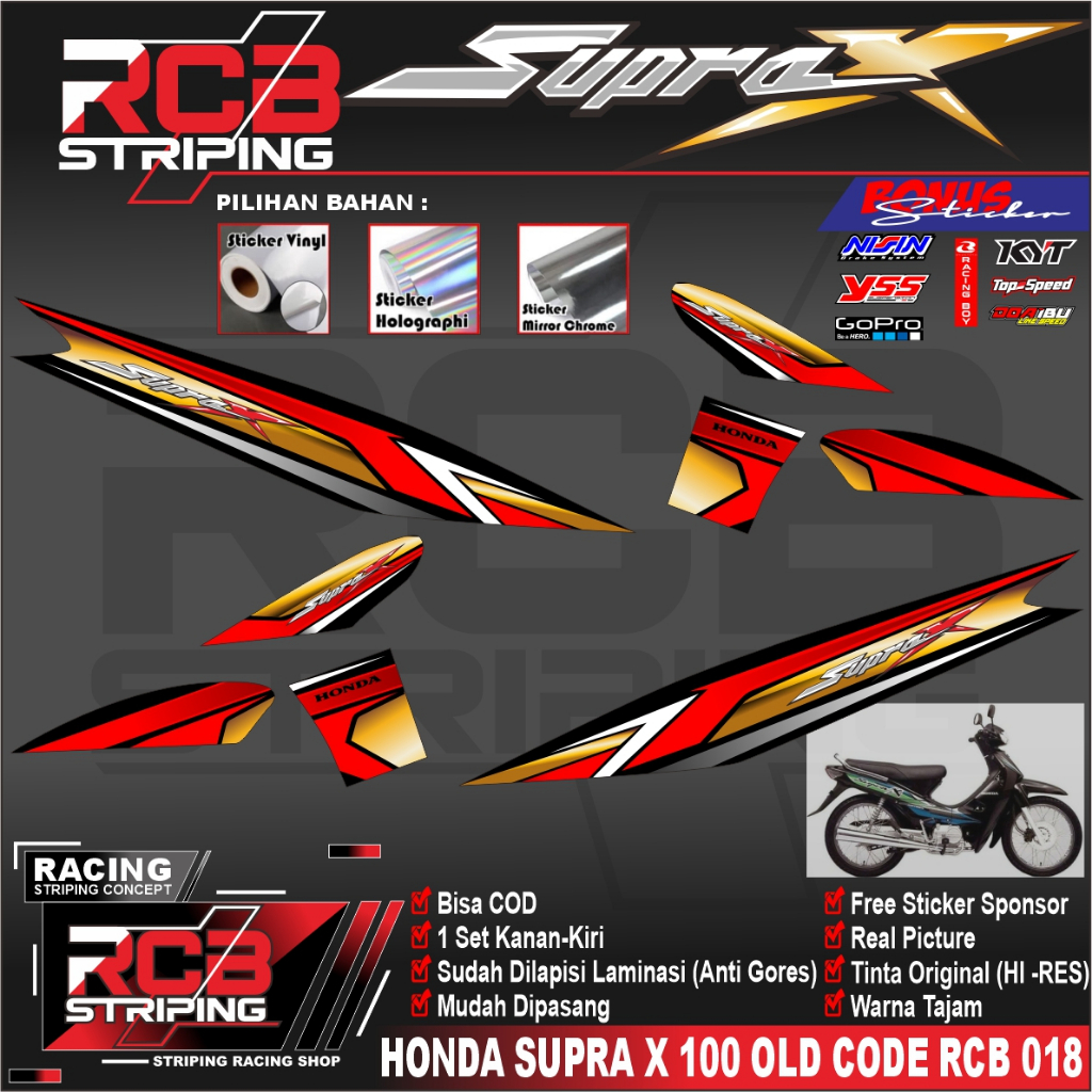 Sticker Striping List HONDA SUPRA X 100CC, Design RCB STICKER SUPRA X 100 LAMA 2001, RCB 018