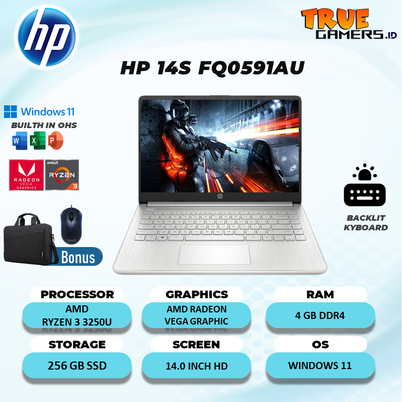 Laptop Hp 14s Fq0591au Ryzen 3 3250U 4GB 256SSD  W11 free OHS 14.0