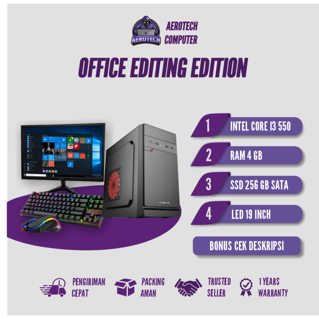 PC Rakitan Office Fullset Core i3 | RAM 8 GB | SSD 256 GB | HDD 1 TB | LED 19 INCH SIAP PAKAI GARANSI 1 TAHUN