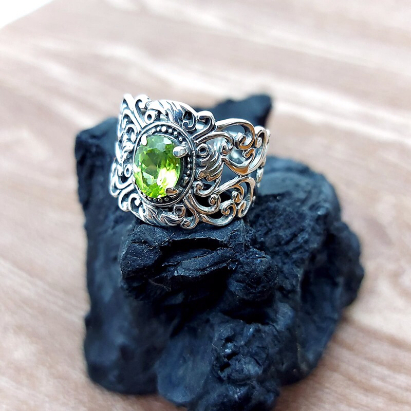 cincin perak ukiran bali permata oval