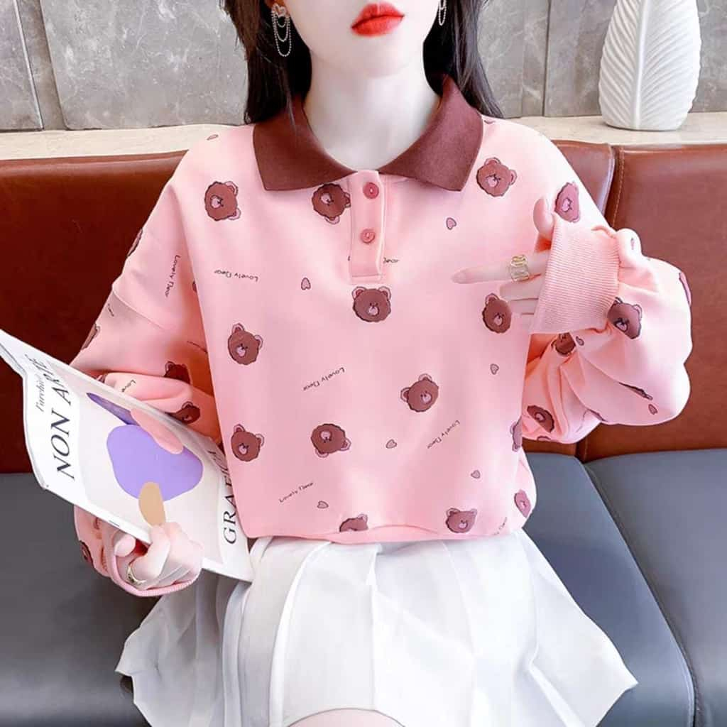 Lovely Bear Collar Fullprint Sweater Wanita Korean | Sweater Wanita Oversize Kerah Bahan Fleece tebal