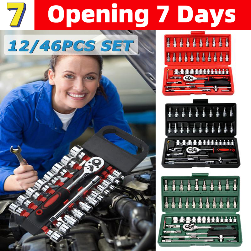 46pc/set socket (1/4 &quot;) Full Lengkap Socket Tool Kit Pas Ring L Motor Mobil kunci shok set