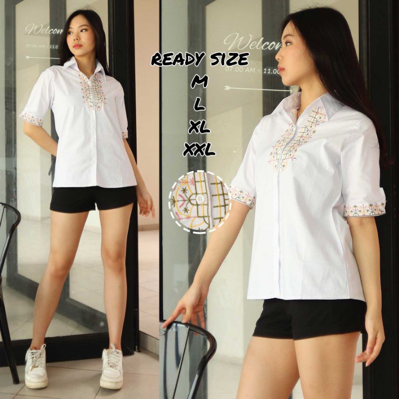 Blouse Katun Bordir Putih Atasan Kemeja Blouse Katun Putih Lengan Pendek