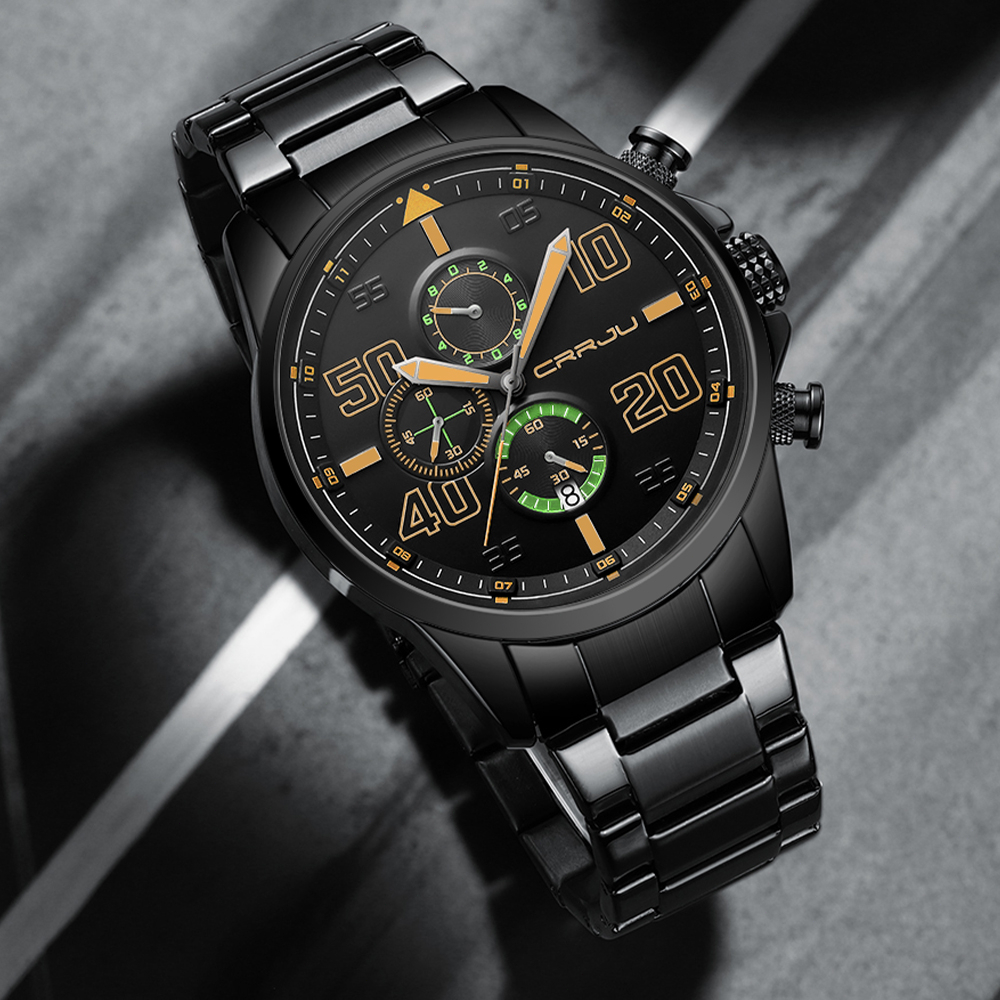 CRRJU Jam Tangan Pria Fashion Tahan Air Baja Tahan Karat Olahraga Jam Tangan Men's Chronograph Quartz Watch