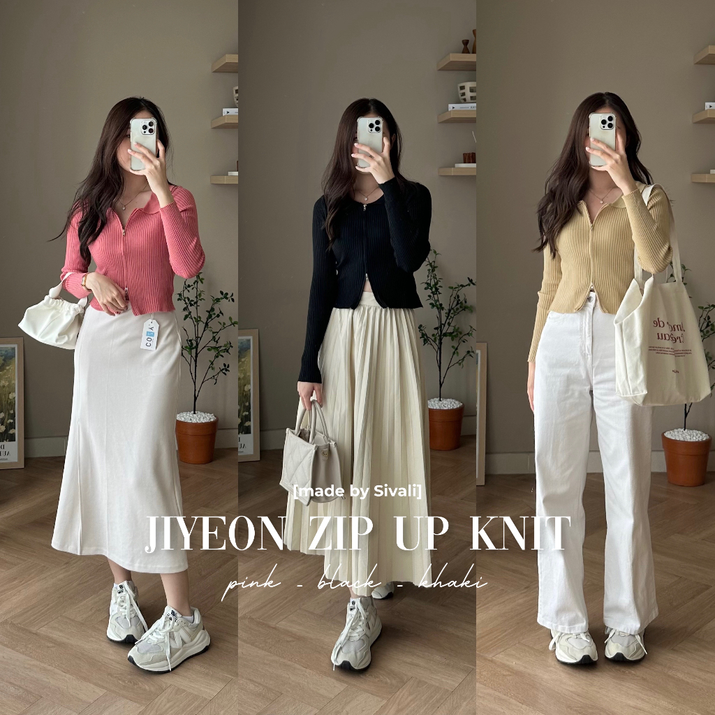 SIVALI Jiyeon Zip Up Knit - Baju Wanita Rajut Zipper Lengan Panjang - Atasan Wanita