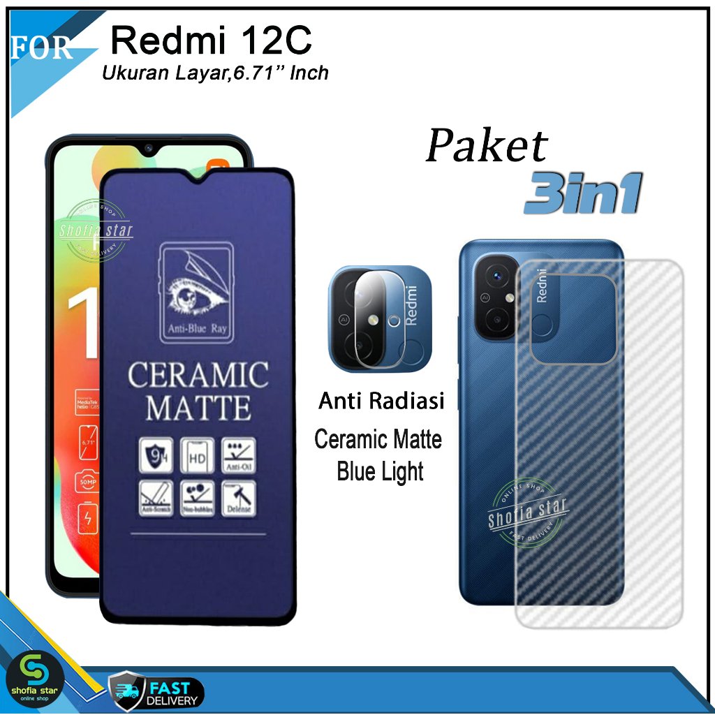 PAKET 3IN1 Tempered Glass Ceramic Privacy Xiaomi Redmi 12C Anti Spy Full Cover Bonus Anti Gores Kamera Dan Skin Carbon 3D