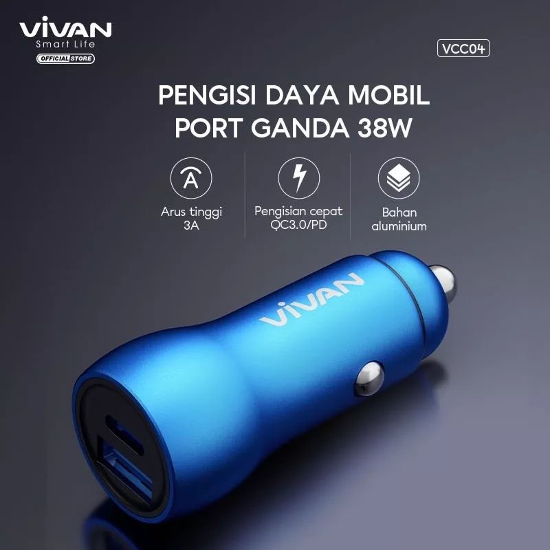 VIVAN SEVER MOBIL VCC04 CAR CHARGER 2 PORT USB-A &amp; TYPE C 20W 3 A PD QC3.0 FAST CHARGING