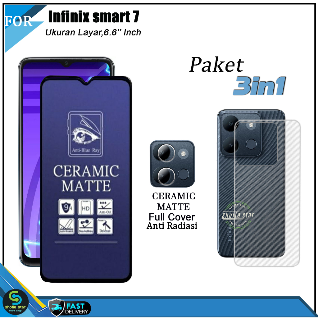 PAKET 3IN1 Tempered Glass Ceramic Privacy Infinix Smart 7 Infinix Smart 7 HD Anti Spy Full Cover Bonus Anti Gores Kamera Dan Skin Carbon 3D