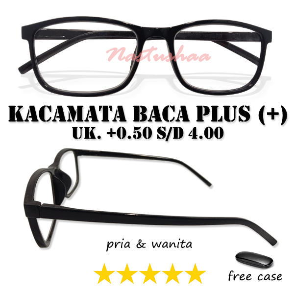 Kacamata Rabun Dekat Atau Kacamata Full Plus (+) Tersedia Ukuran +0.50 s/d +4.00 Frame Hitam Bingkai Kotak Bahan Ringan FREECASE