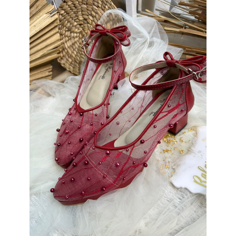 sepatu wanita Levina merah Marron pita 5cm tahu