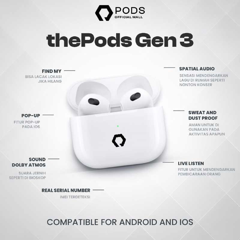 [BEST SELLER] ThePods 3rd Generation Gen 3 2023 Wireless Charging Case (IMEI &amp; Serial Number Detectable + Spatial Audio) Final Upgrade Version 9D Hifi True Wireless Bluetooth Headset Earphone Earbuds Headphone Spatial Audio TWS By Pods Indonesia (BU10)