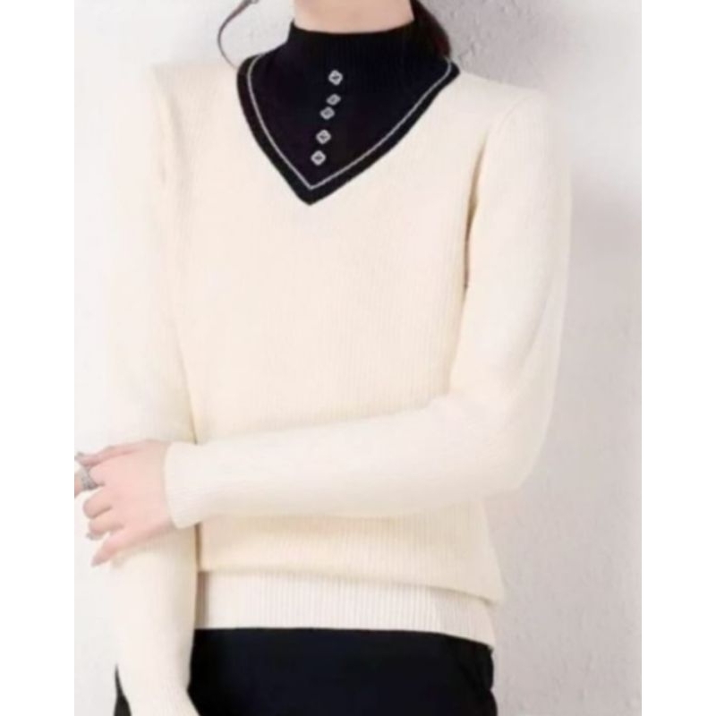 ❤️ PREMIUM IMPORT ❤️ READY ! SANDRA HIGH NECK BUTTON LONG SLEEVE KNIT SWEATER BLOUSE