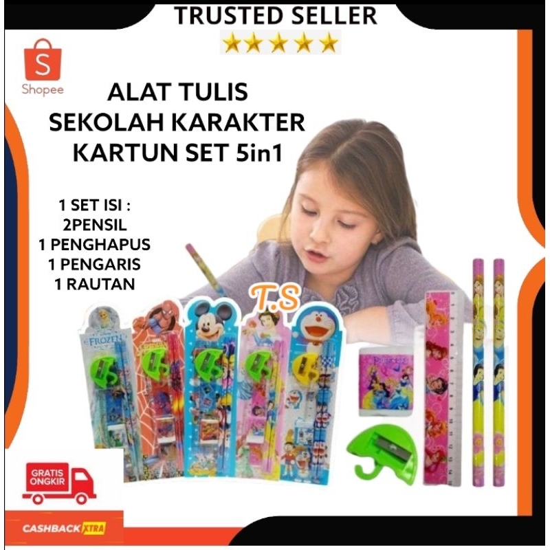 Alat Tulis Karater Set 5 in 1 / Paket Lengkap Pensil Penghapus Rautan Penggaris Bergambar HELLO KITTY BERUANG MICKEY MOUSE DORAEMON BONEKA