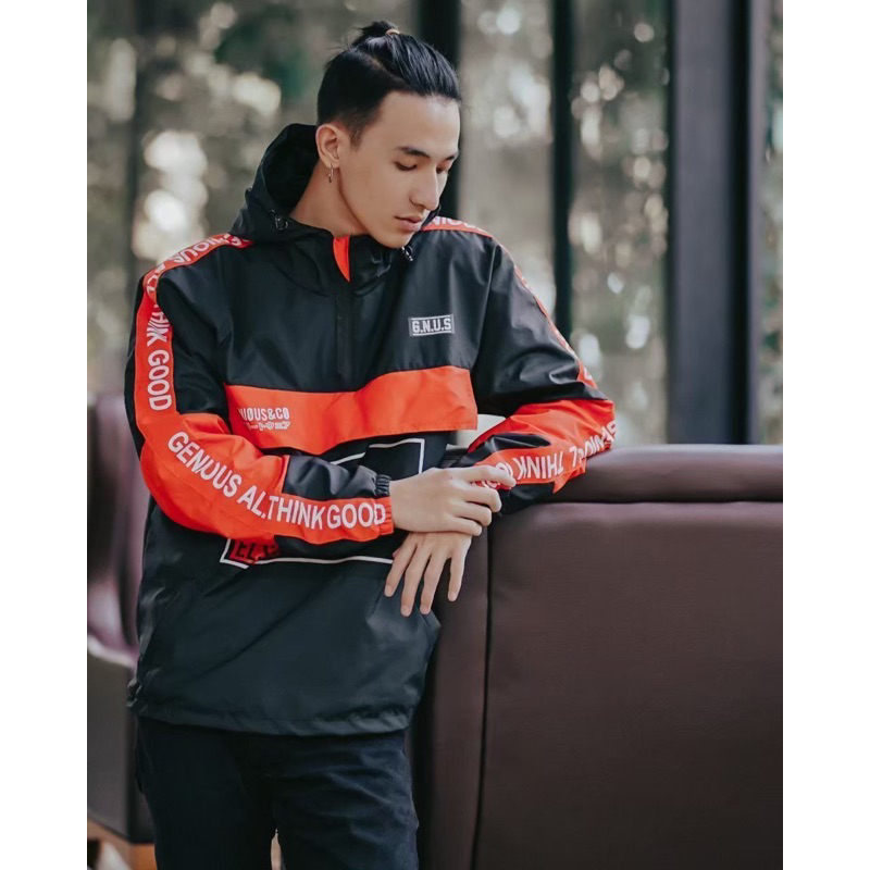 Jaket Cougle Waterpoof Jaket Genious Jaket Parasut Jaket Pria Hitam Kombinasi Orange