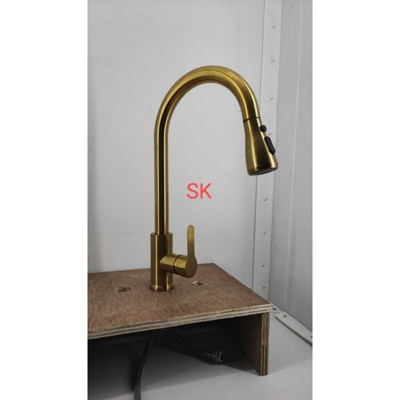 Kran Tarik Kuningan Gold - Keran Air Sink Tarik Fleksibel Cuci Piring - Kran Angsa Tanam Tarik - Keran Dapur