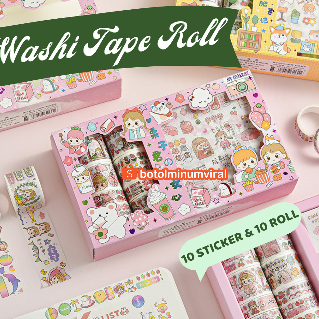 Washi Tape Sticker Momo Roll Set Box Aesthetic Korea Cute Stiker Viral