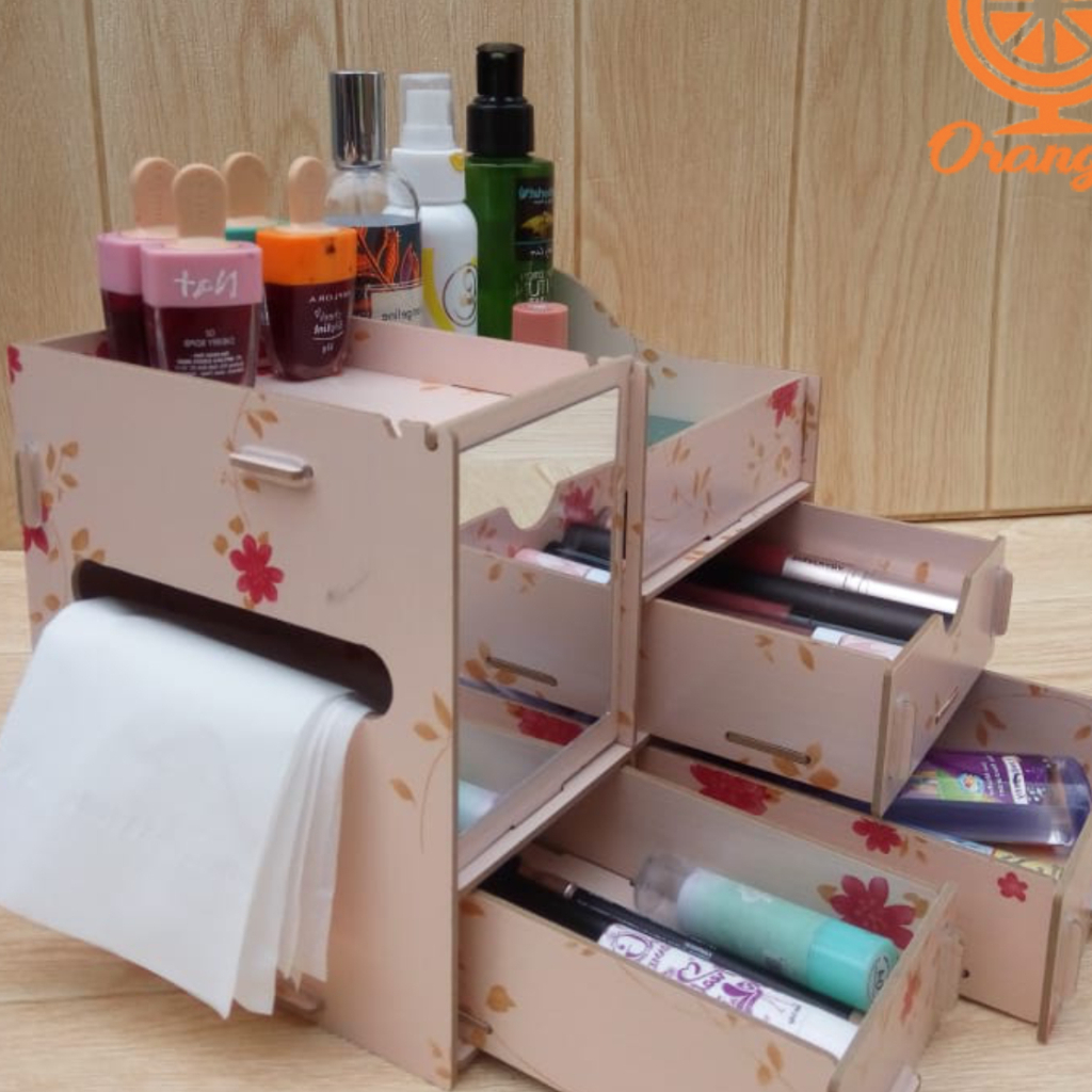 Rak Kosmetik Mini Cosmetic Storage Mini Kotak Penyimpanan Makeup Rak Mini Bahan Kayu Lengkap Dengan Cermin