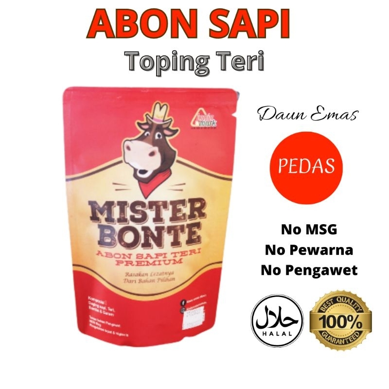 

Abon Sapi Toping Teri Nasi Pedas 70 gram Premium Non MSG Mister Bonte Daun Emas Halal Cemilan Snack