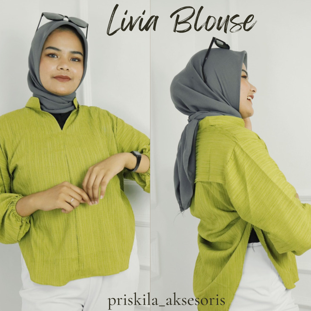 Blouse Wanita korean Style Livia Blouse Bahan Lady Crush Blouse Busui Friendly Jumbo Kemeja Oversize Wanita Lengan Panjang Baju Atasan Wanita Terbaru 2023