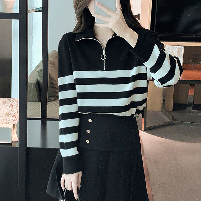 Riezka Sweater Zipper Knit - Two Stripe - Atasan Wanita Rajut Import TM (Y1062)