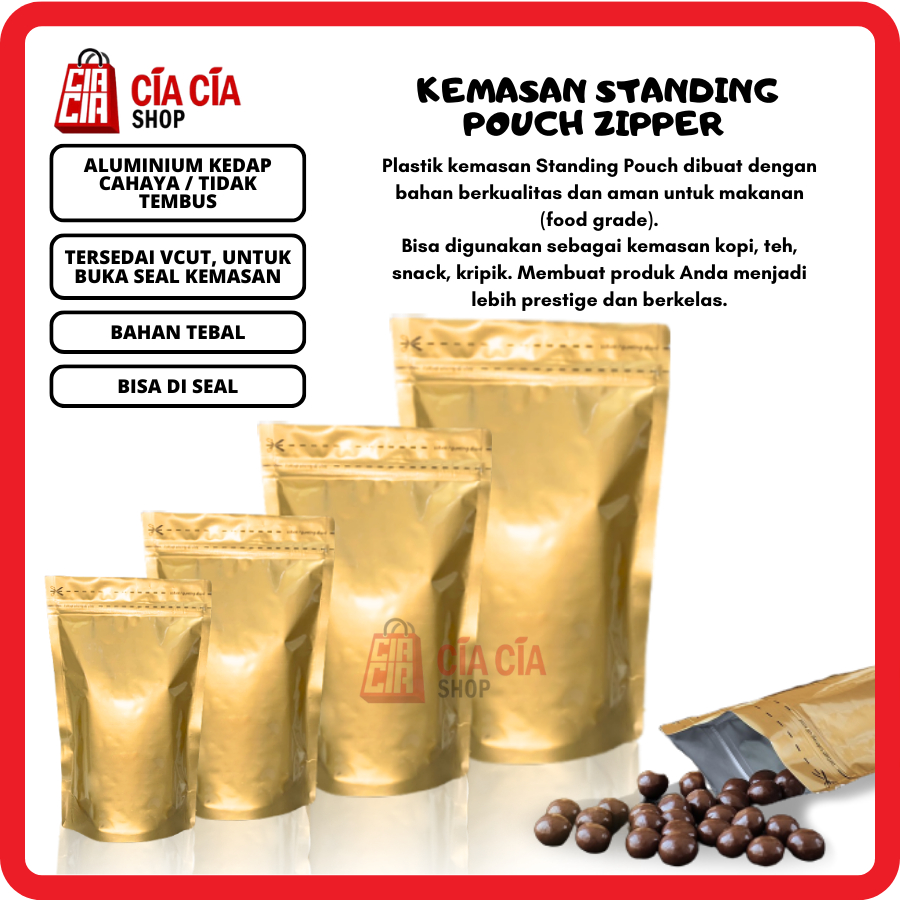 Kemasan Standing Pouch Zipper Alu Gold - Food Grade Kedap Cahaya 18x29