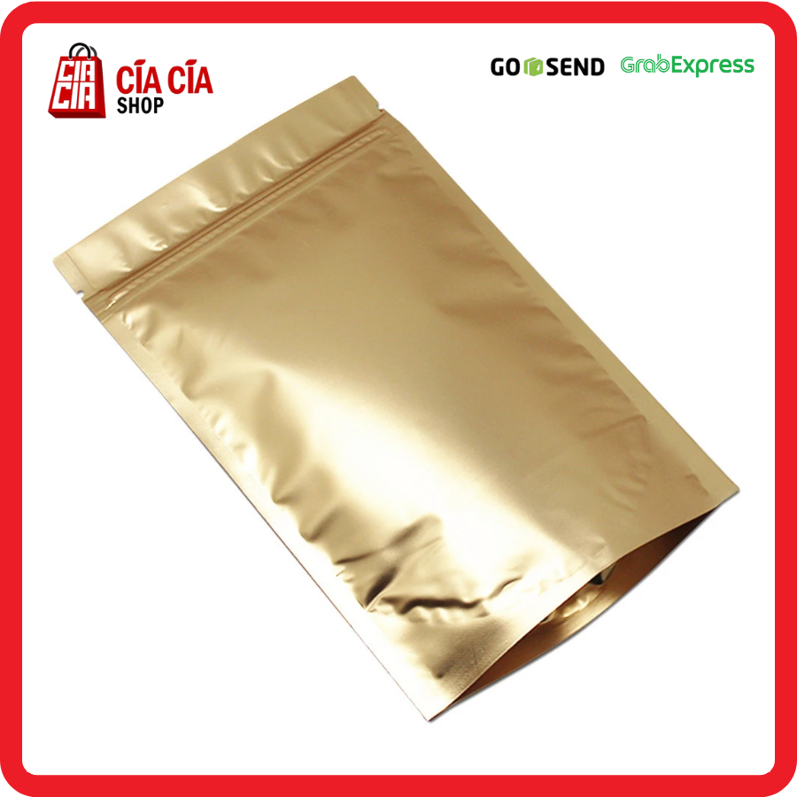 Kemasan Standing Pouch Zipper Alu Gold - Food Grade Kedap Cahaya 9x15