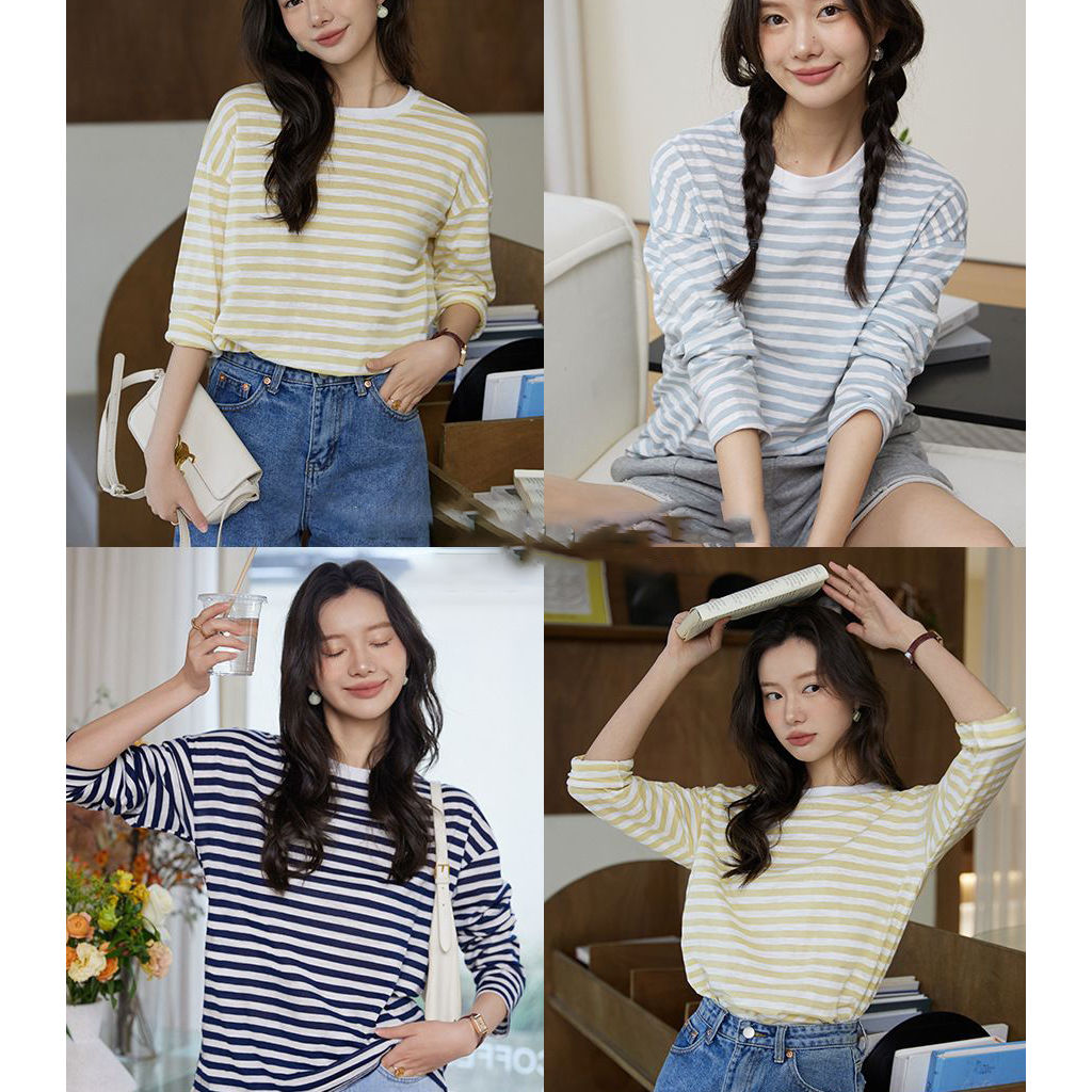 BEARYJEANS Korean Stripes Long Shirt Wanita Lengan Panjang Bergaris Vintage Premium Import - BJ081