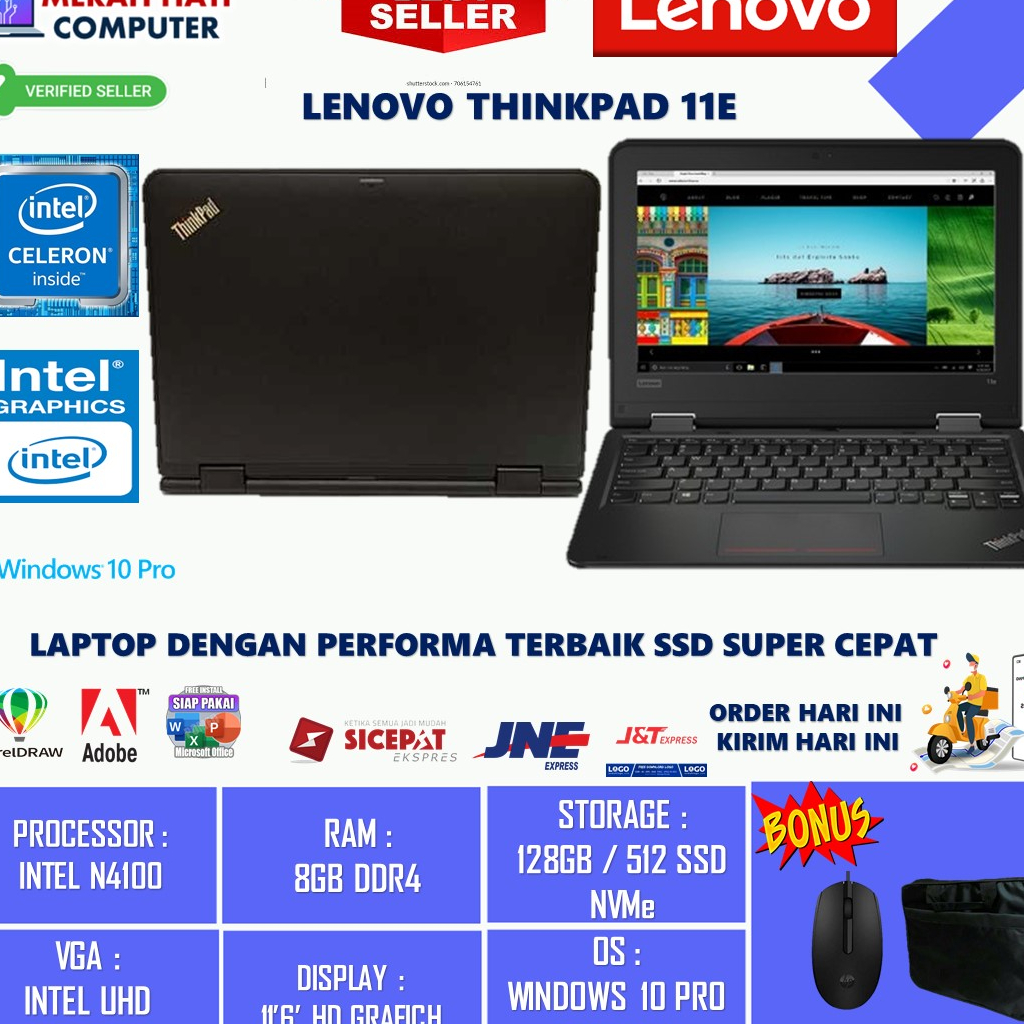 LAPTOP HEMAT TERMURAH LENOVO THINKPAD 11E INTEL N4100 8GB 512GB HD WIN10PRO BLACK ORIGINAL BERKUALITAS