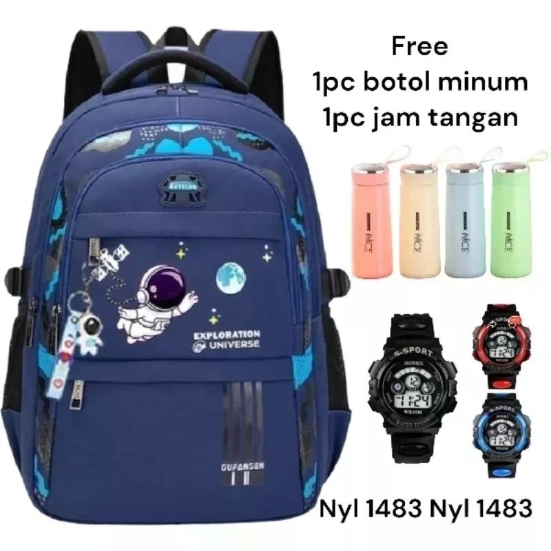 Tas Ransel Anak SD SMP Gratis Botol Minum Dan Jam Tangan Motif Astronot