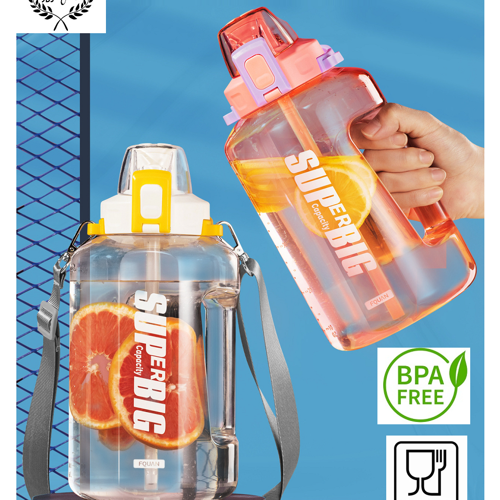 Botol minum Super Big Food Grade BPA Free 1500 ml dgn sedotan dan tali