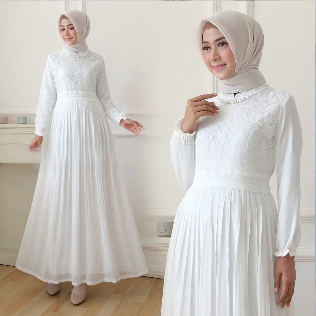 GAMIS FASHION YUNI VOLT II BAJU MUSLIM WANITA DEWASA BROKAT CERUTI ARMANI PUTIH POLOS MIX RENDA BRUK