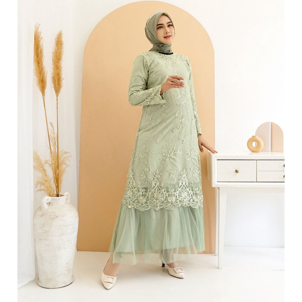 Arini Gamis Warna Hijau Muda Sage Green Bahan Moscrepe Brukat Brokat Full Tile Tulle Bordir Glitter 