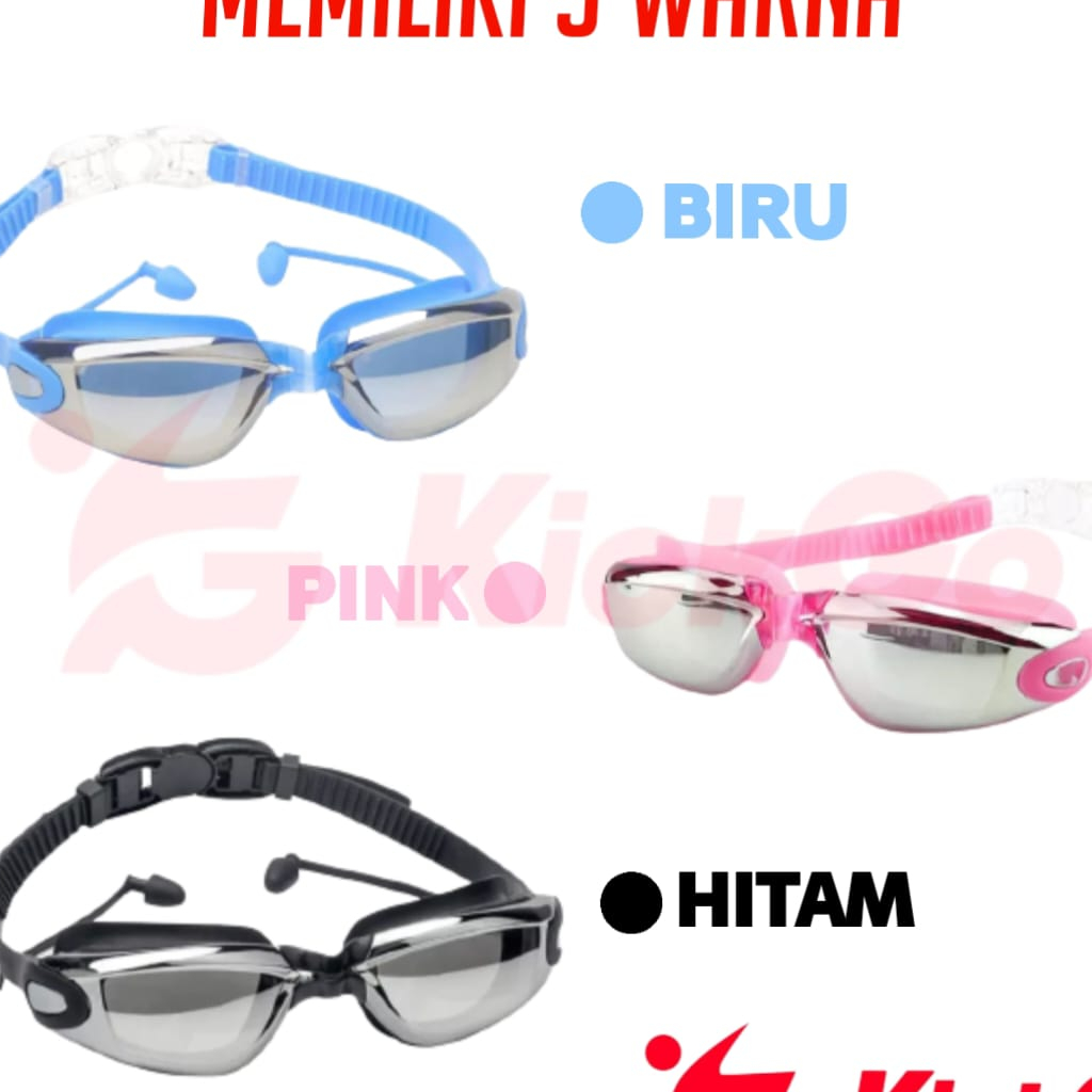 KickGo Kacamata Renang Penutup Telinga Dewasa Remaja Swimming Goggles UV Protection Anti Kabut Fog Warna Hitam Biru Pink