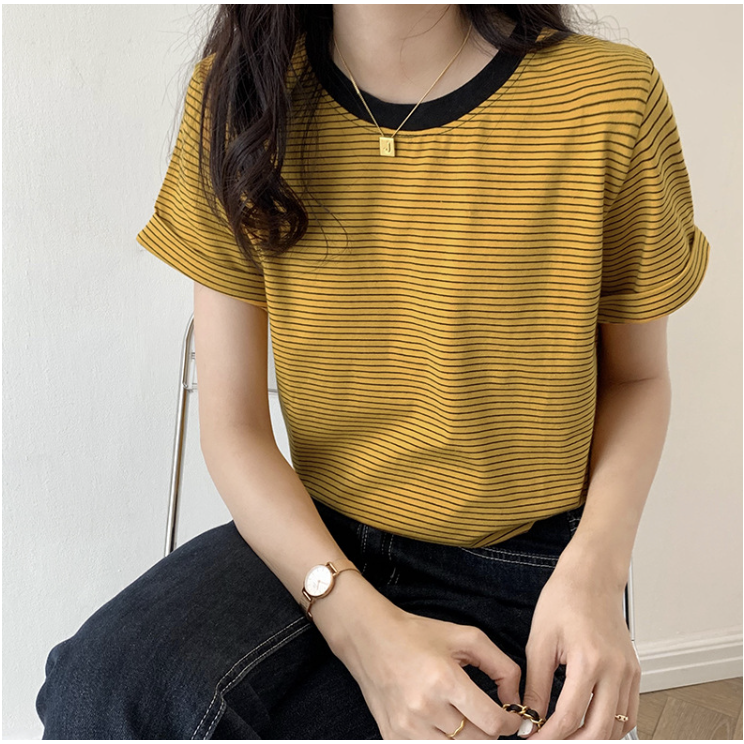 GirlWish Fashion Korean Oversize Basic Stripes Woman T-Shirt Atasan Kaos Oversize Wanita