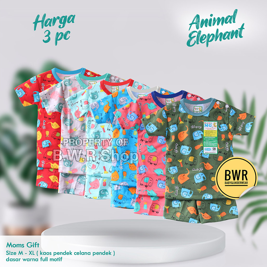 [ HARGA 3pc ] Setelan PENDEK Moms Gift Elephant Terbaru / Baju Bayi Setelan Piyama Anak Unisex Pendek Baju Tidur 03 | Bwr