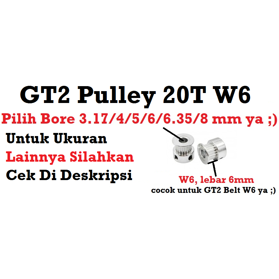 [HAEBOT] GT2 Pulley Timing 20T W6 Bore 3.17 4 5 6 6.35 8 Puley CNC 3D Printer Aluminium Pitch 2mm Gigi