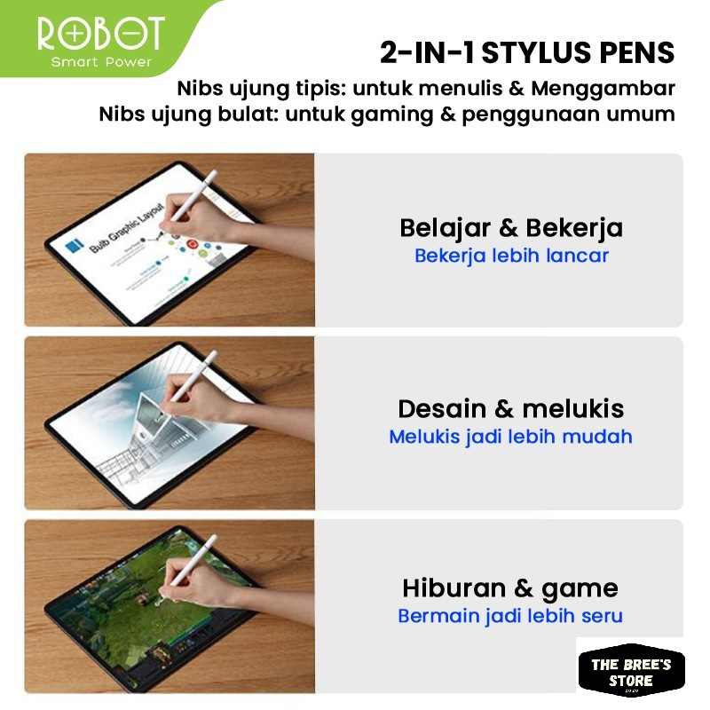 ROBOT RSP01 Universal 2 in 1 Capacitive Stylus Pen for Mobile and Tablet PC White - Garansi 1 Thn