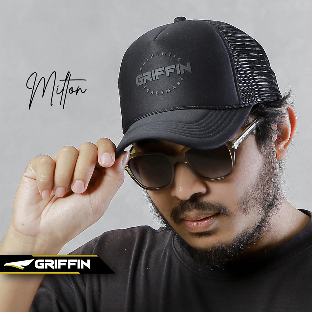 Topi Trucker Pria Keren Sablon Hi-Density Timbul Milton Hitam by Griffin Apparel