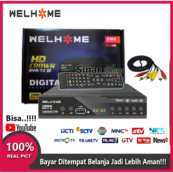 Set top box Tv digital T2 welhome HD terbaru antene UHF + Kabel HDMI + Dongle