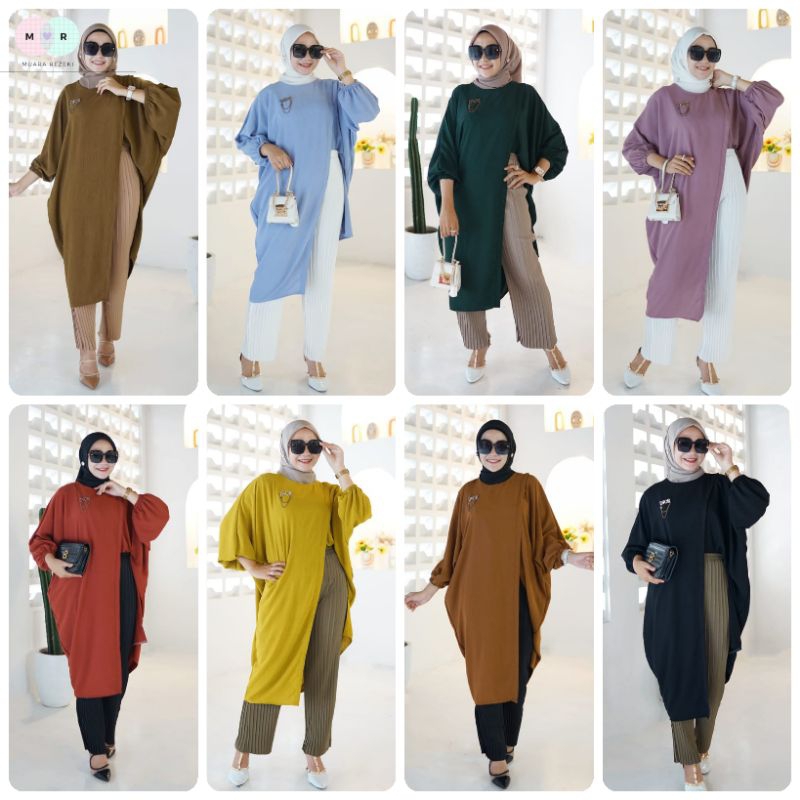 Kaftan Tunik Celana Plisket Setelan Tunik Crinkle